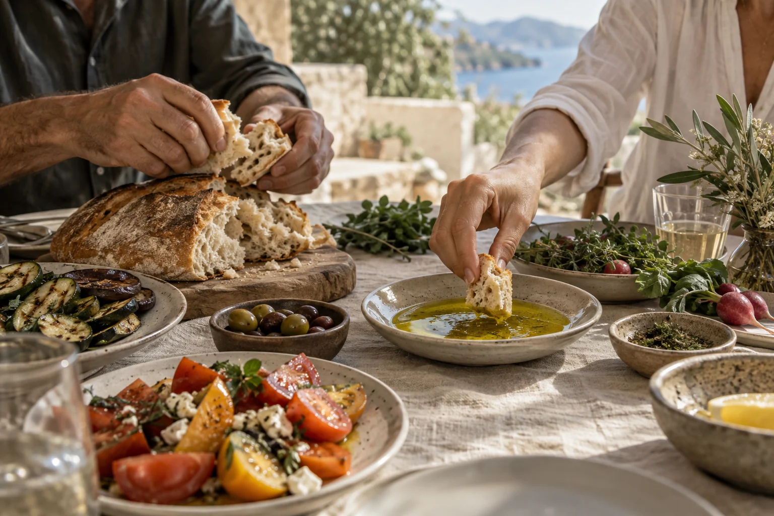 Hands sharing bread and olive oil at a Mediterranean table